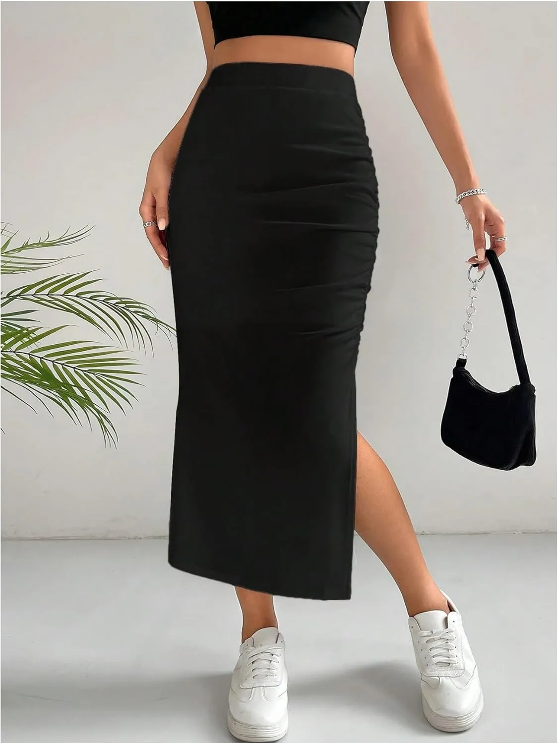 Verdusa Women's Split Thigh Ruched Pencil Skirt Asymmetrical Bodycon Midi Skirts