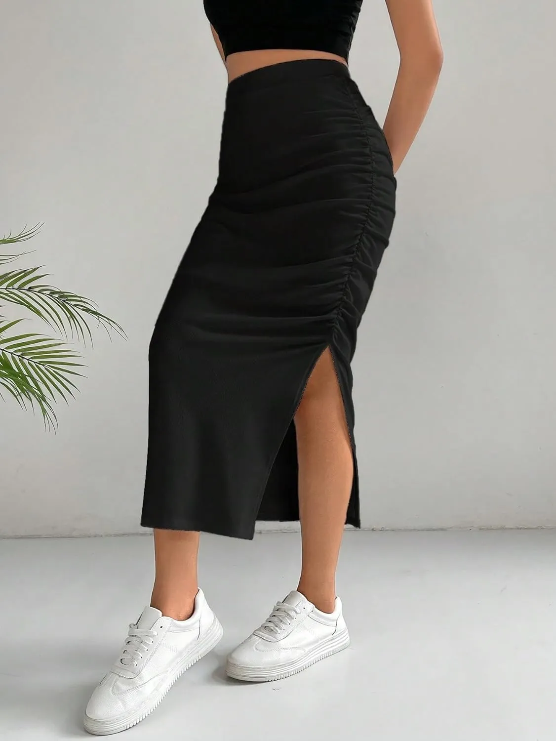 Verdusa Women's Split Thigh Ruched Pencil Skirt Asymmetrical Bodycon Midi Skirts