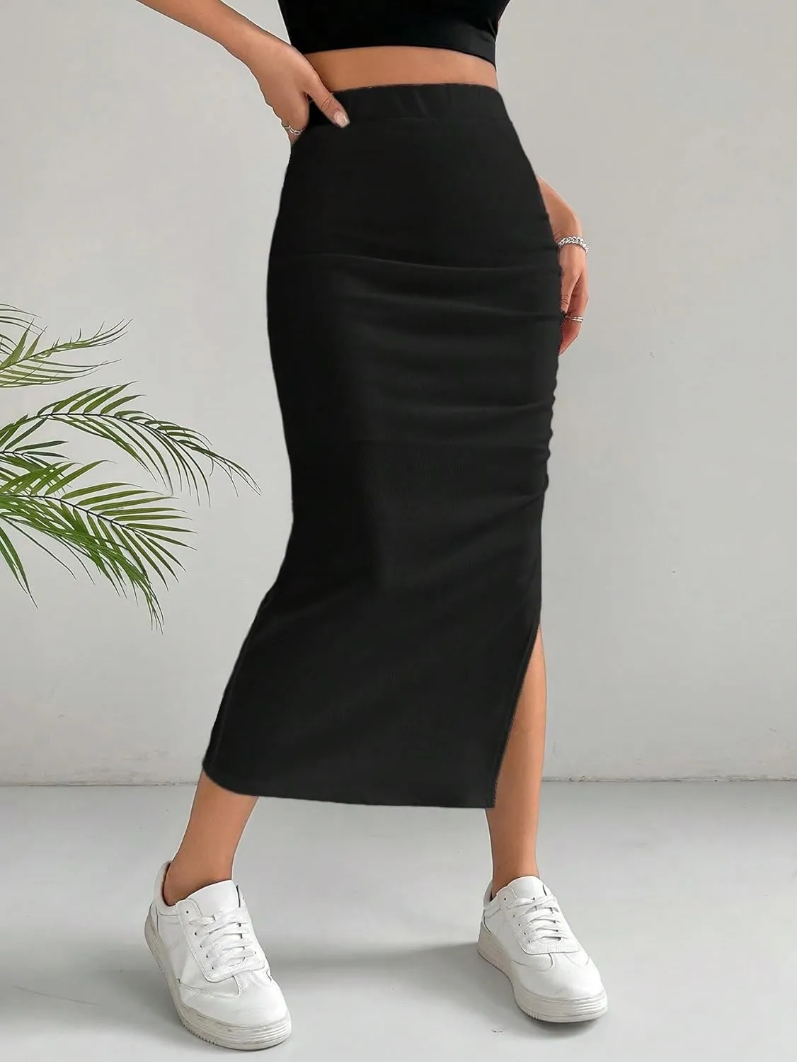 Verdusa Women's Split Thigh Ruched Pencil Skirt Asymmetrical Bodycon Midi Skirts