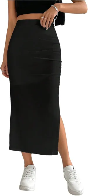 Verdusa Women's Split Thigh Ruched Pencil Skirt Asymmetrical Bodycon Midi Skirts