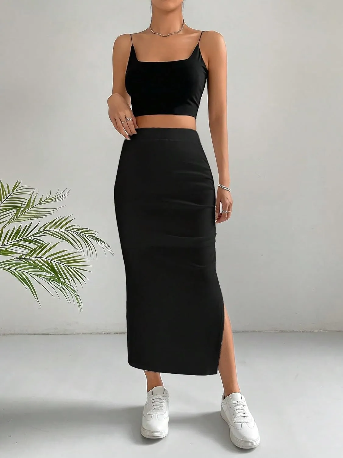 Verdusa Women's Split Thigh Ruched Pencil Skirt Asymmetrical Bodycon Midi Skirts