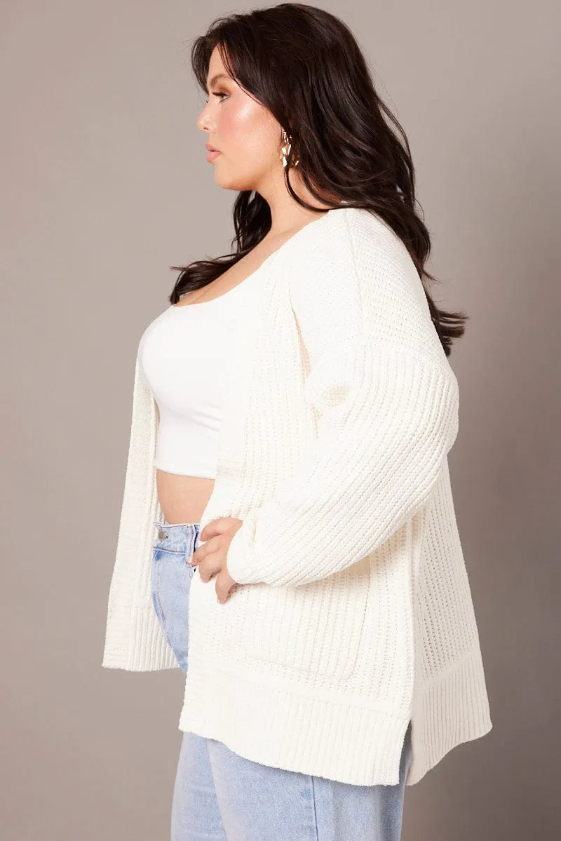 White Knit Cardigan Longline Chenille