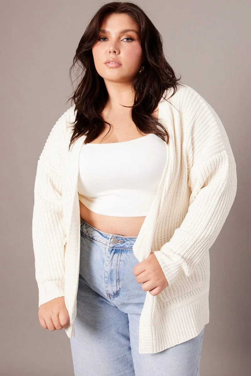 White Knit Cardigan Longline Chenille