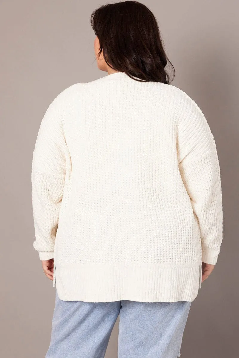 White Knit Cardigan Longline Chenille