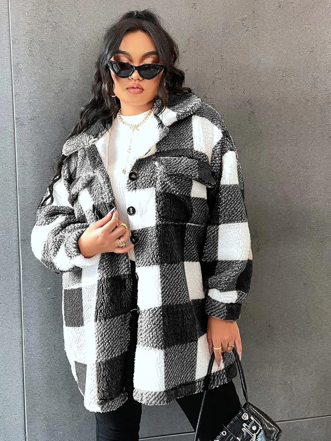 Women Plaid Jacket Faux Fur Fleece Teddy Coat with Button Front & Flap Pockets,Warm Sherpa Jacket,0XL-4XL,3 Color