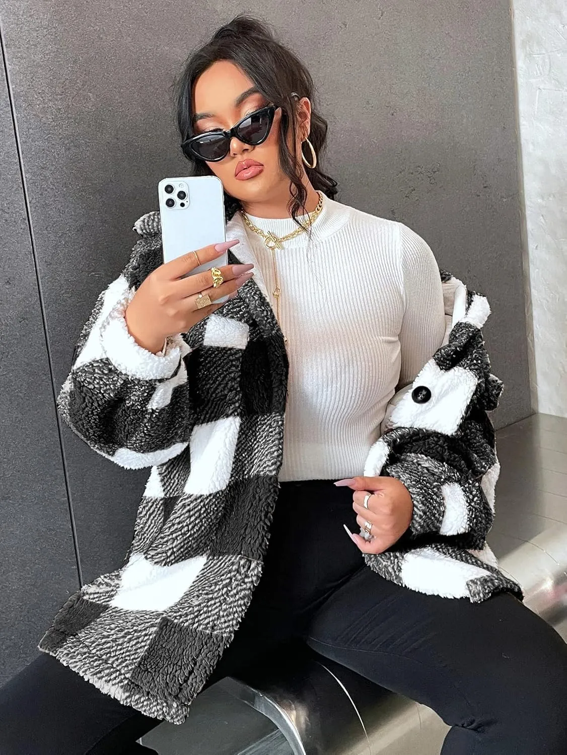 Women Plaid Jacket Faux Fur Fleece Teddy Coat with Button Front & Flap Pockets,Warm Sherpa Jacket,0XL-4XL,3 Color