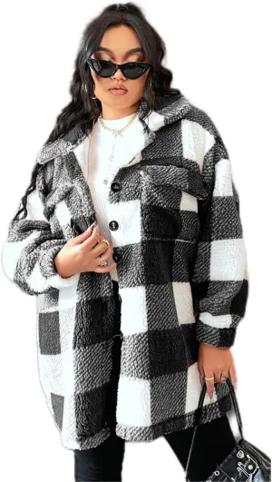 Women Plaid Jacket Faux Fur Fleece Teddy Coat with Button Front & Flap Pockets,Warm Sherpa Jacket,0XL-4XL,3 Color