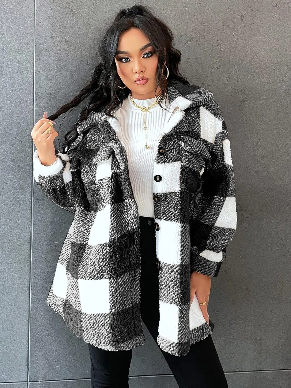 Women Plaid Jacket Faux Fur Fleece Teddy Coat with Button Front & Flap Pockets,Warm Sherpa Jacket,0XL-4XL,3 Color