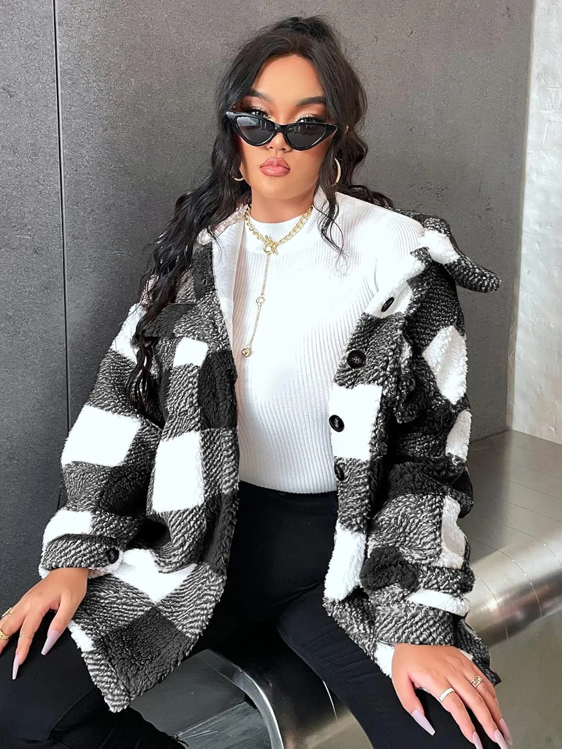 Women Plaid Jacket Faux Fur Fleece Teddy Coat with Button Front & Flap Pockets,Warm Sherpa Jacket,0XL-4XL,3 Color