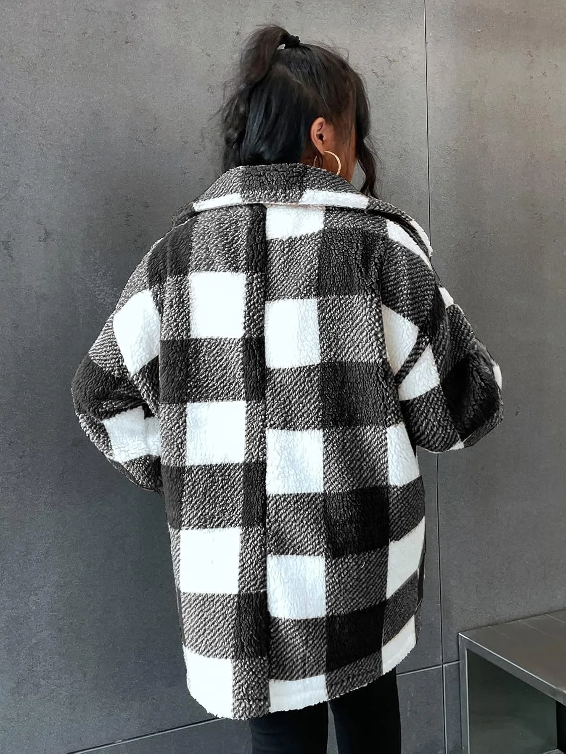 Women Plaid Jacket Faux Fur Fleece Teddy Coat with Button Front & Flap Pockets,Warm Sherpa Jacket,0XL-4XL,3 Color