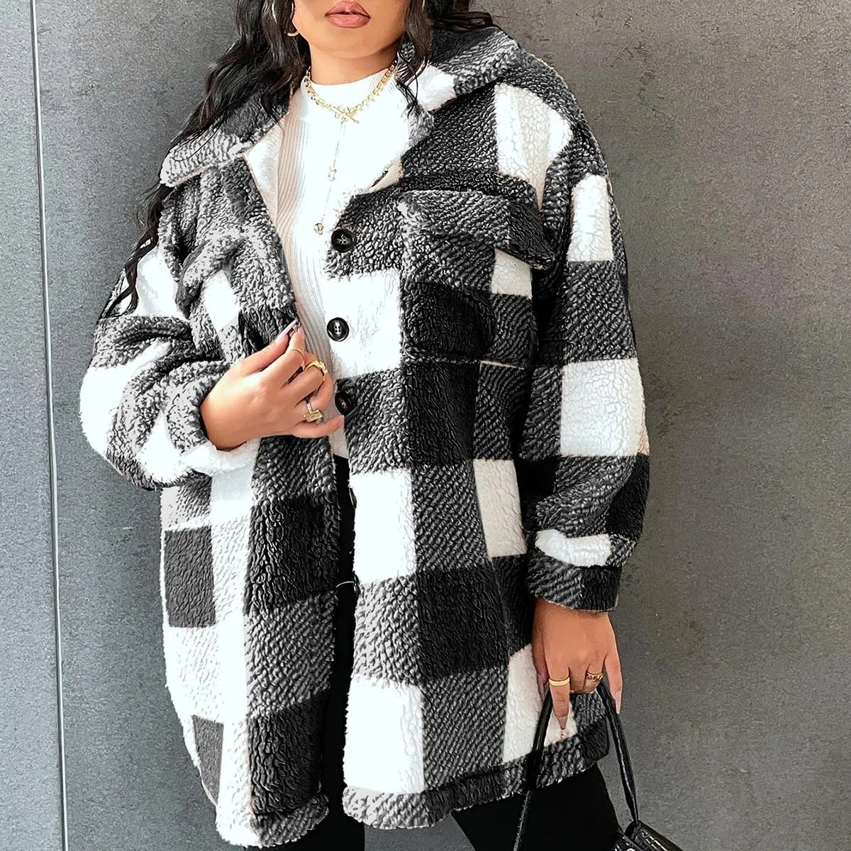Women Plaid Jacket Faux Fur Fleece Teddy Coat with Button Front & Flap Pockets,Warm Sherpa Jacket,0XL-4XL,3 Color